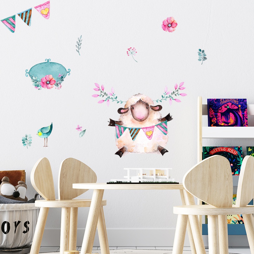 Fashion Cartoon Lamb Flower Bird Wall Sticker