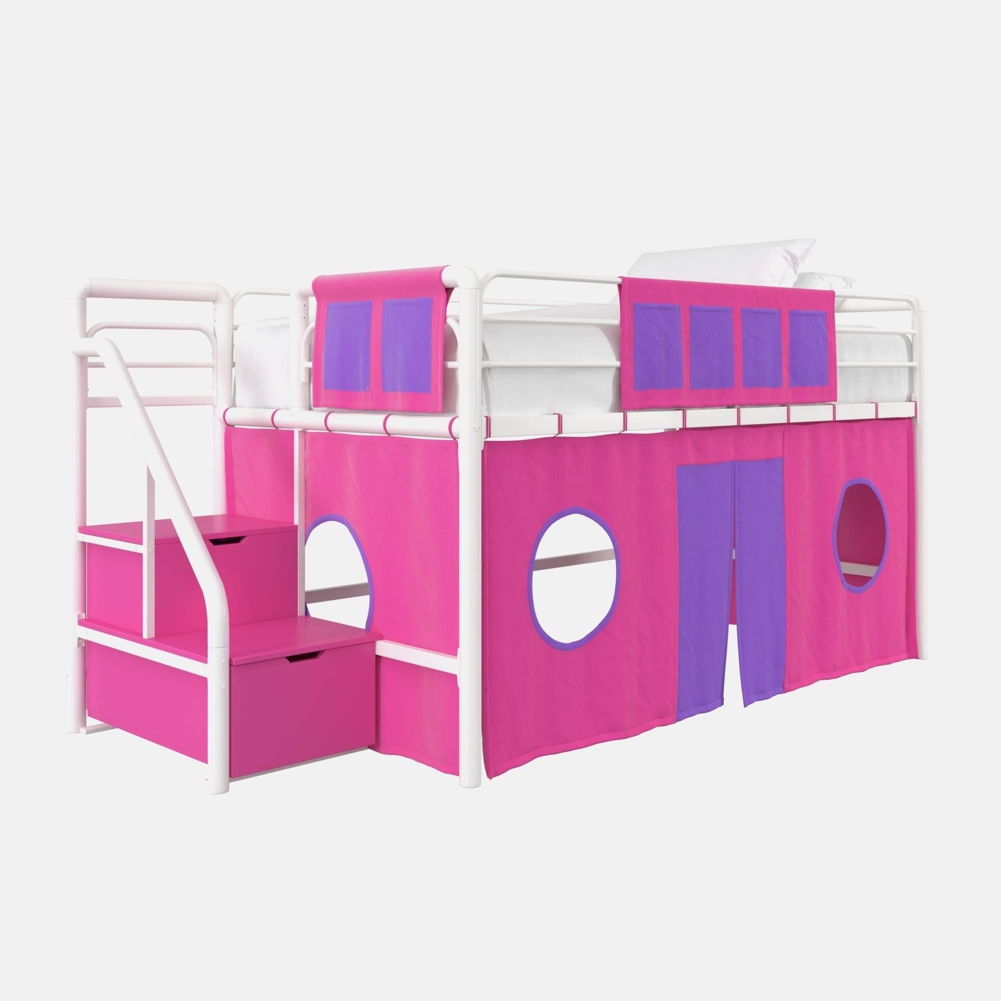 DHP Junior White Loft Bed with Pink Storage Steps and Pink Curtain Set