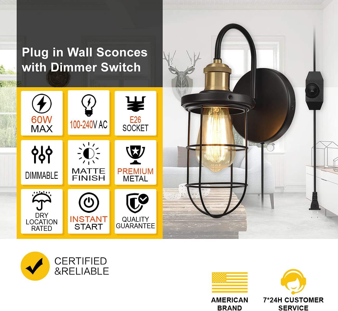 Hamilyeah Farmhouse Wall Sconces with Cage Shade, Industrial Hardwired