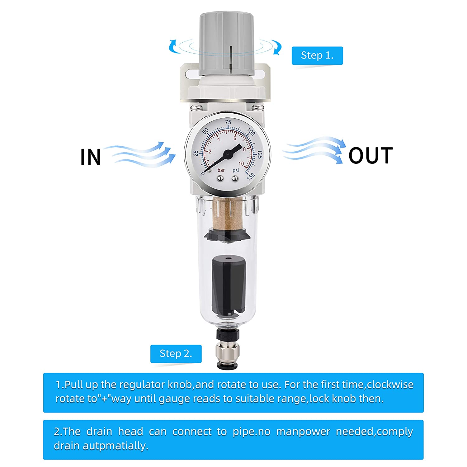 NANPU 3 8 NPT Compressed Air Filter Regulator Combo Piggyback Auto 