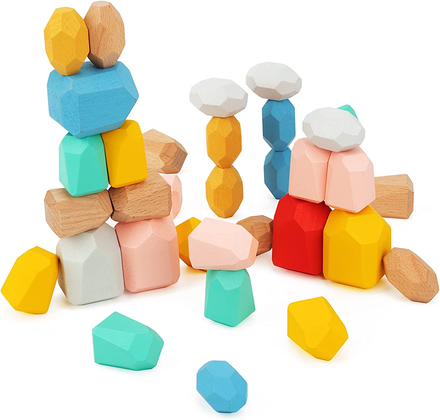 Pidoko Kids Wooden Balancing Stone Blocks 36 Pcs Stacking Rocks