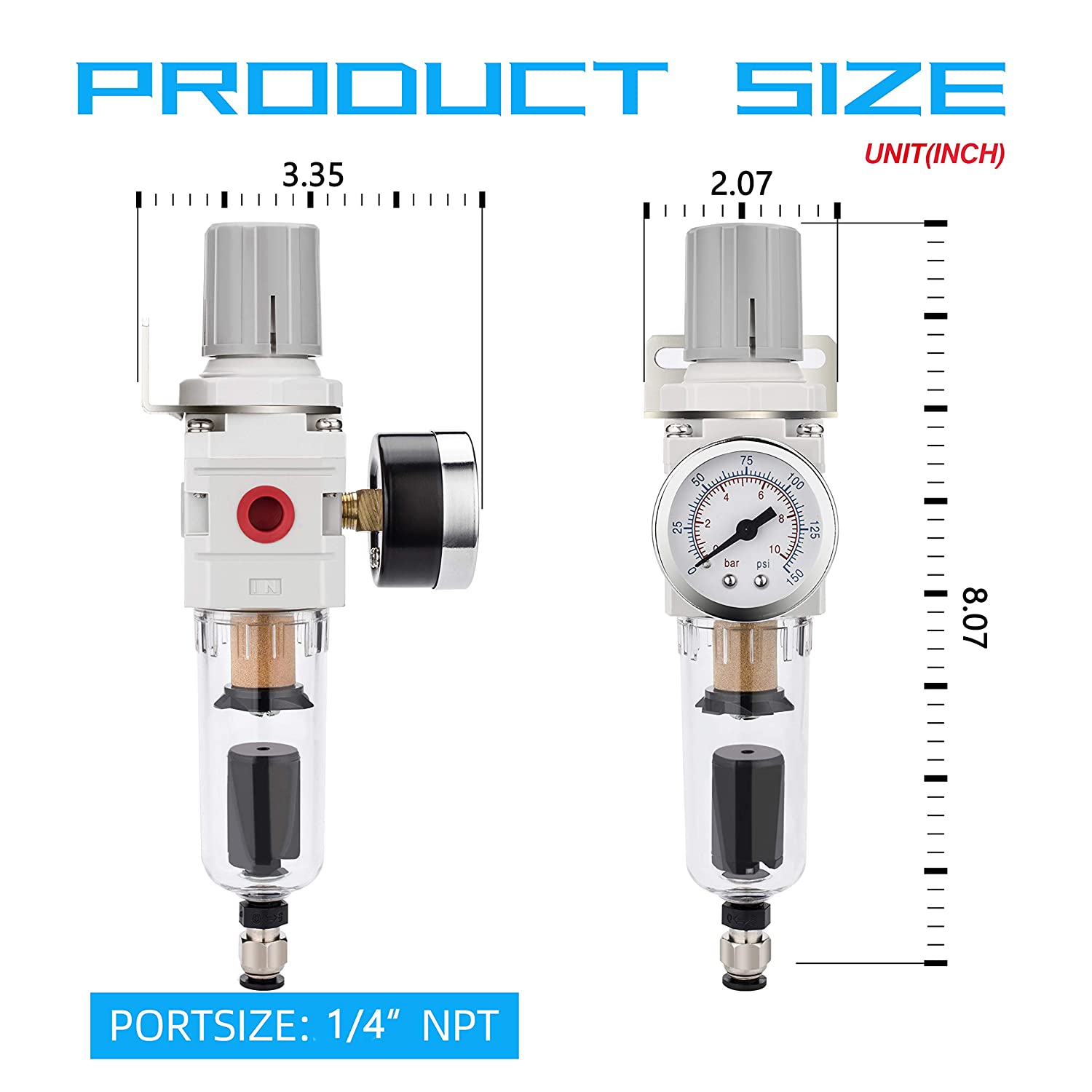 NANPU 1/2" NPT Compressed Air Filter Regulator Combo Piggyback, 5