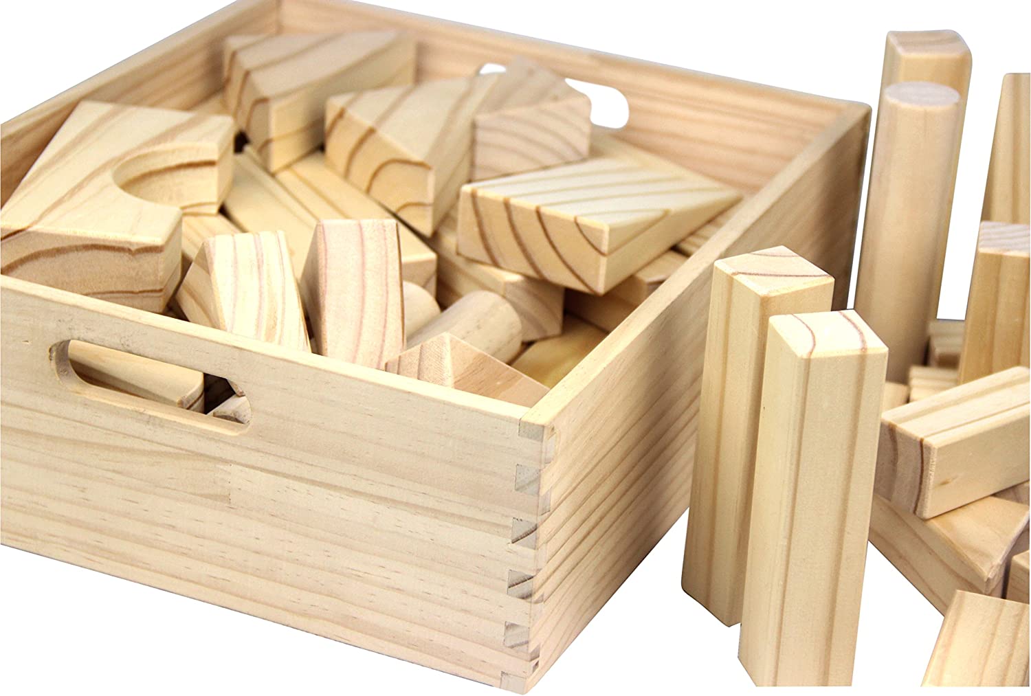 64 Piece Set Childrens Wood Building Blocks with Solid Wooden Storage Tray Holder Made from Solid Organic BPA-Free Natural New Zealand Pinewood MOD Complete Extra Large Size 