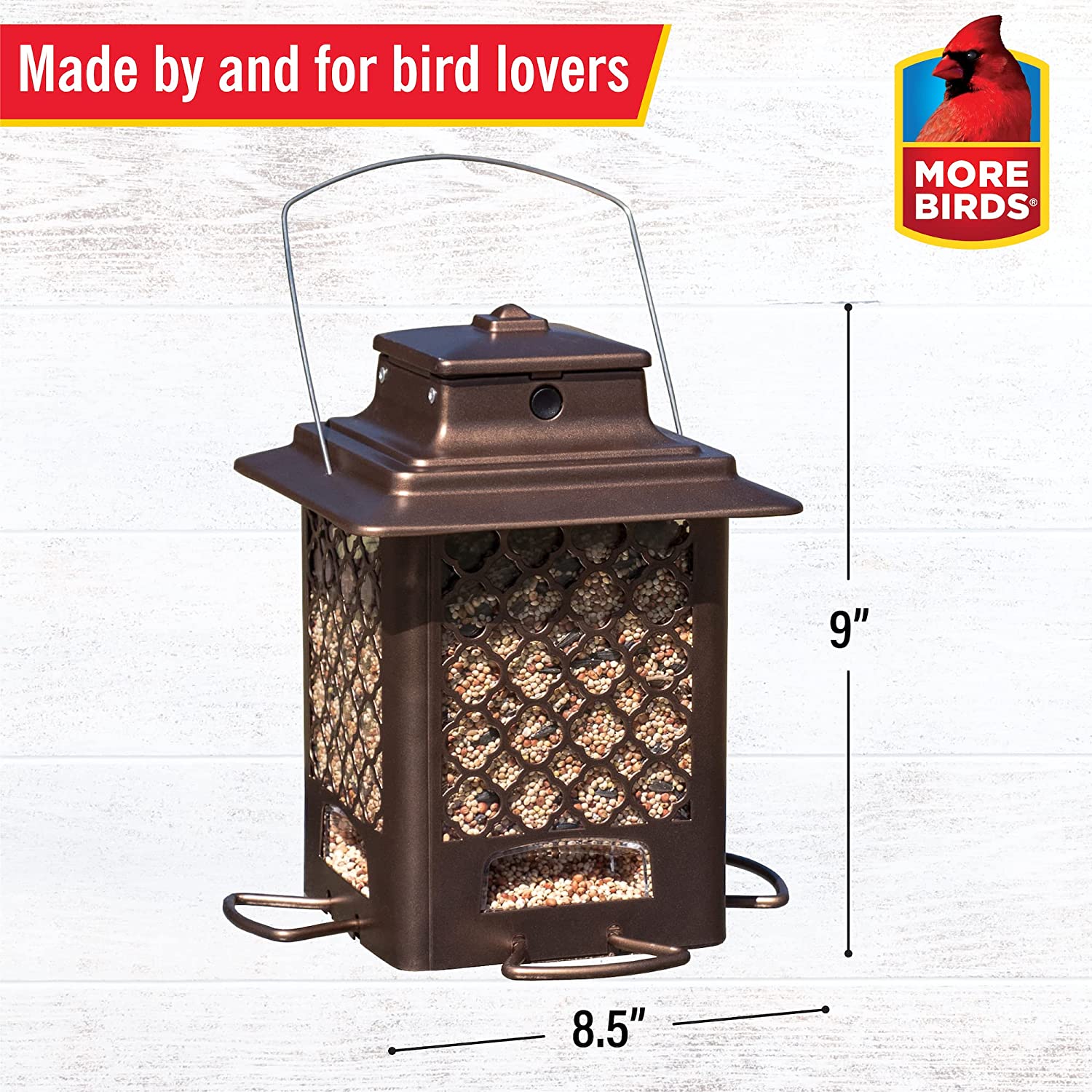 More Birds Bronze Metal Hopper Bird Feeder, Sunflower and Mixed Seed, 4