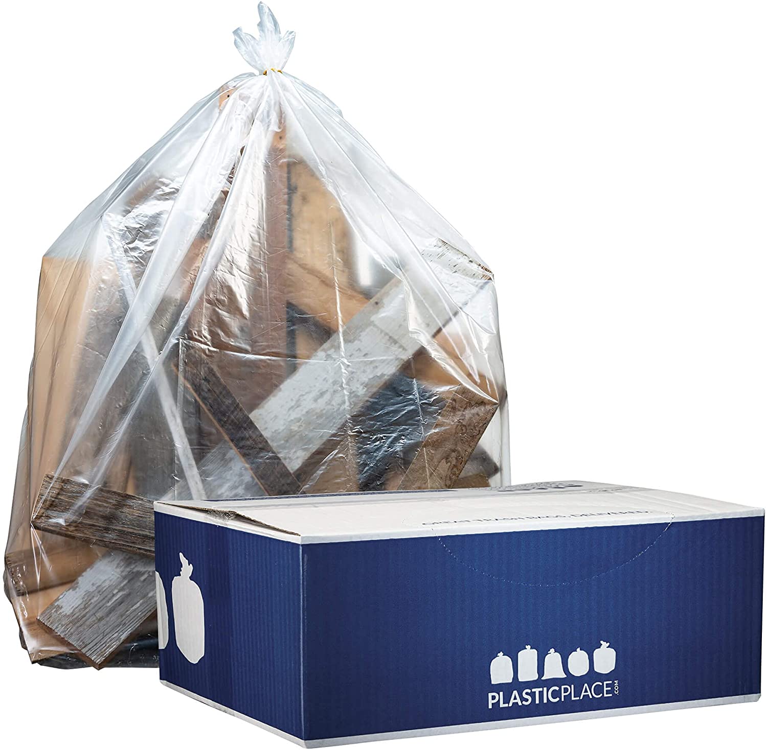 50 Count Plasticplace Contractor Trash Bags 55-60 gallon │ 3.0 Mil │ Clear Heavy Duty Garbage Bag │ 37.5” x 56.6” 