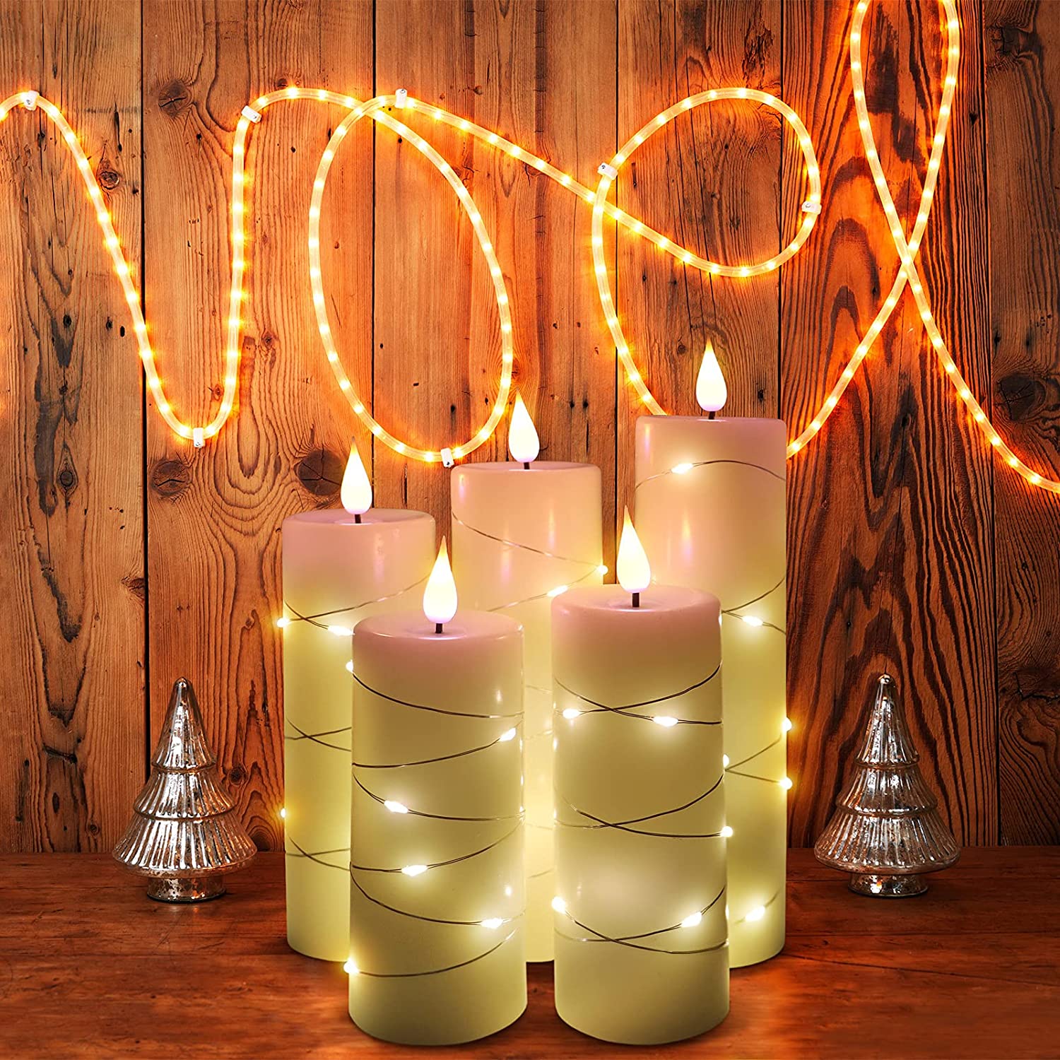 Flickering Flameless Candles with Embedded Starlight String,3D Teardrop