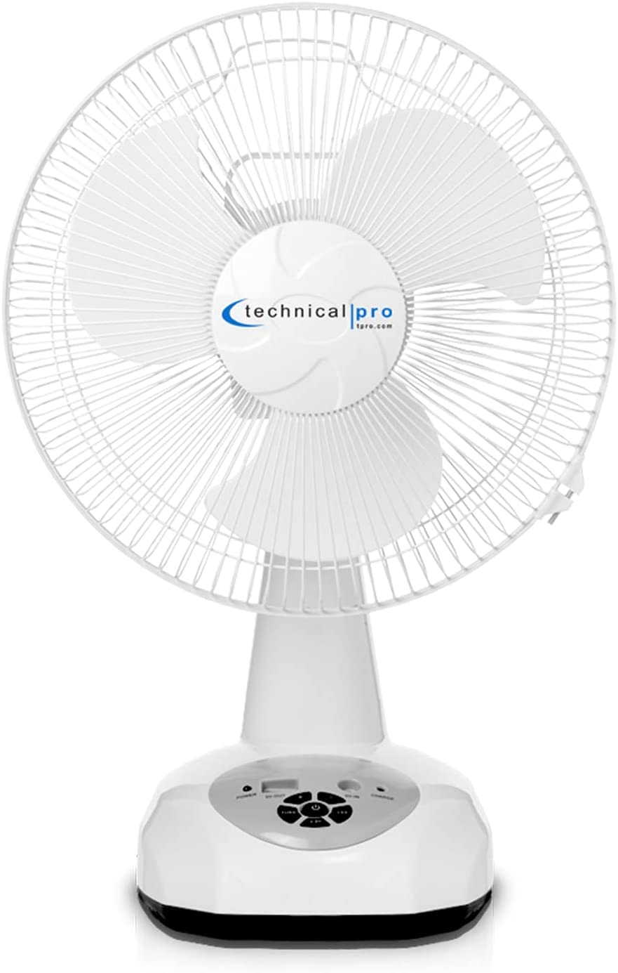 Technical Pro Portable 12 Inch Rechargeable Oscillating Tabletop Fan With Led Night Light And