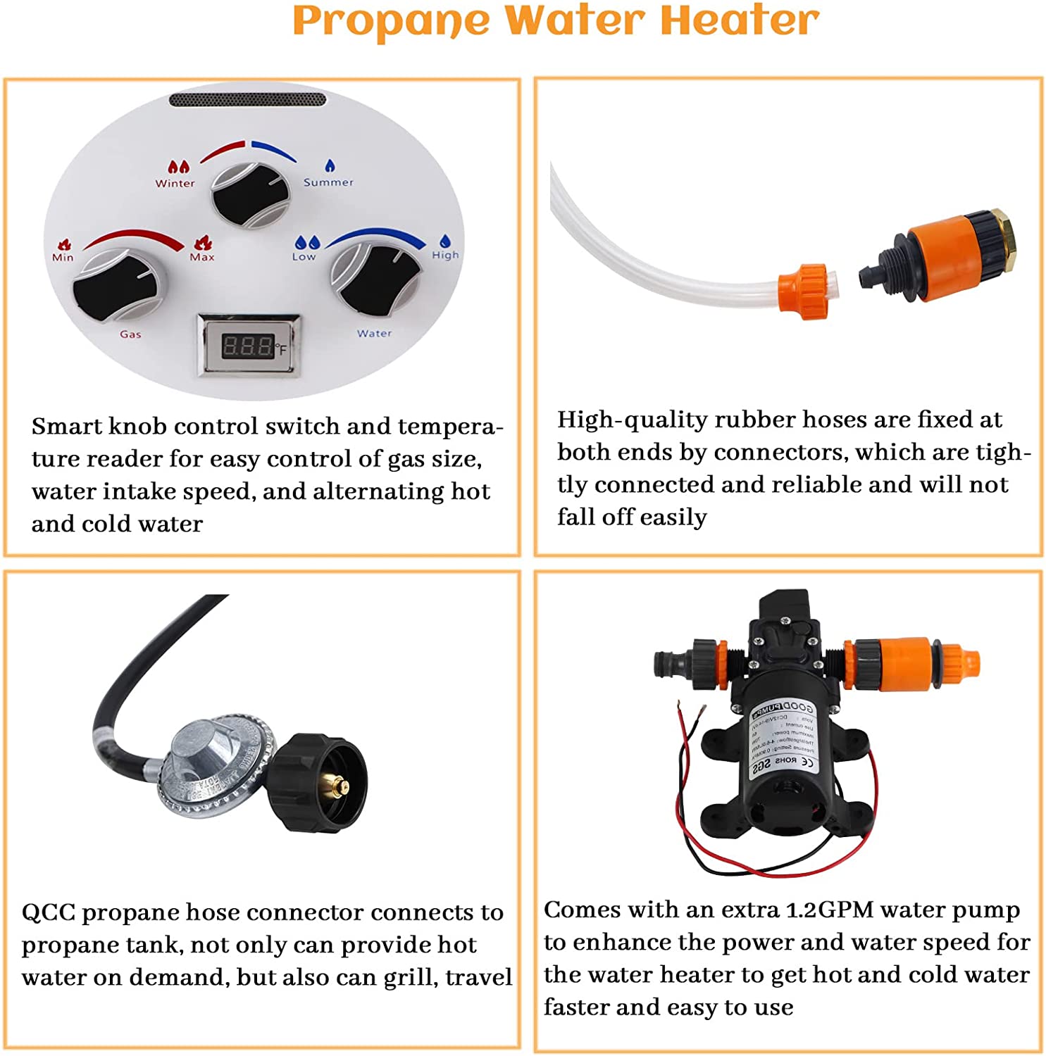 Portable Propane Water Heater,6L 1.6 GPM Outdoor Tankless Propane Gas