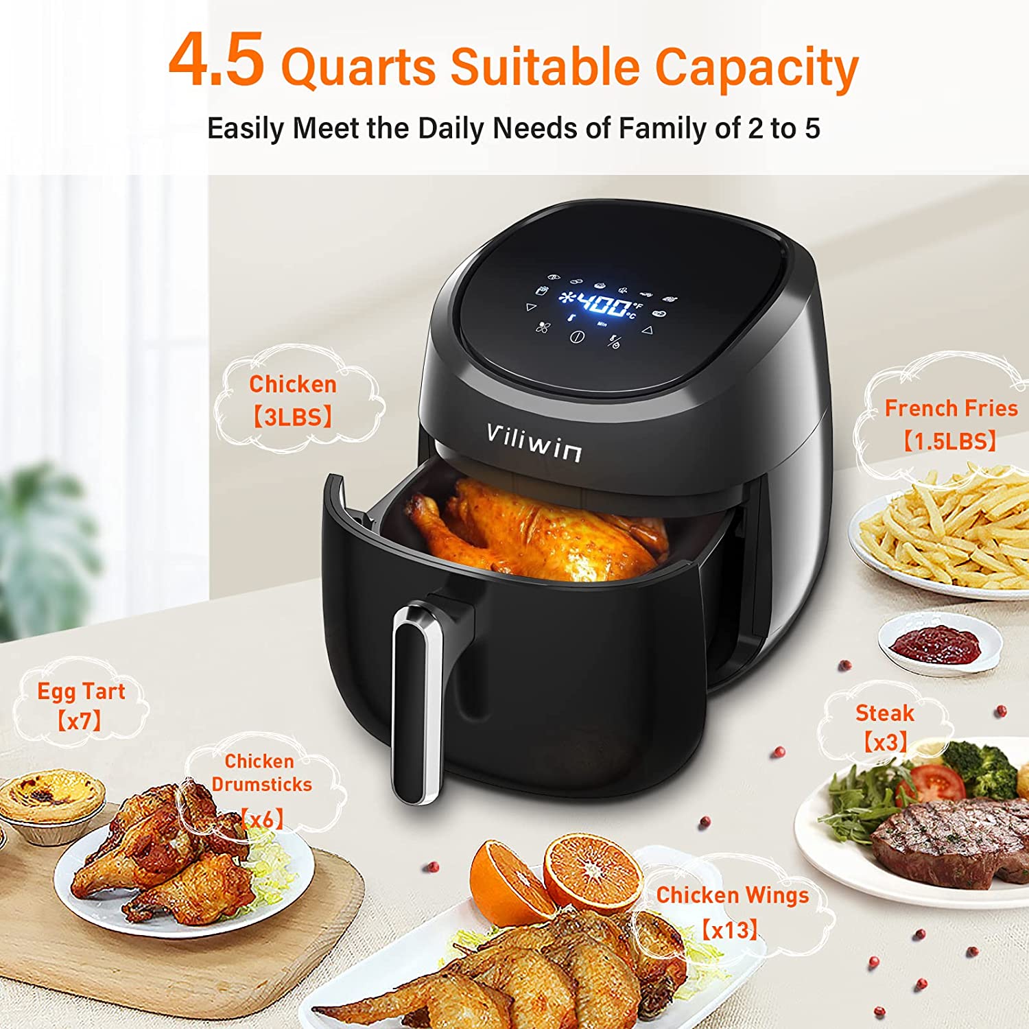 VILIWIN Air Fryer 4.5 QT Airfryer Digital Air Fryer 8 Preset Menus Hot