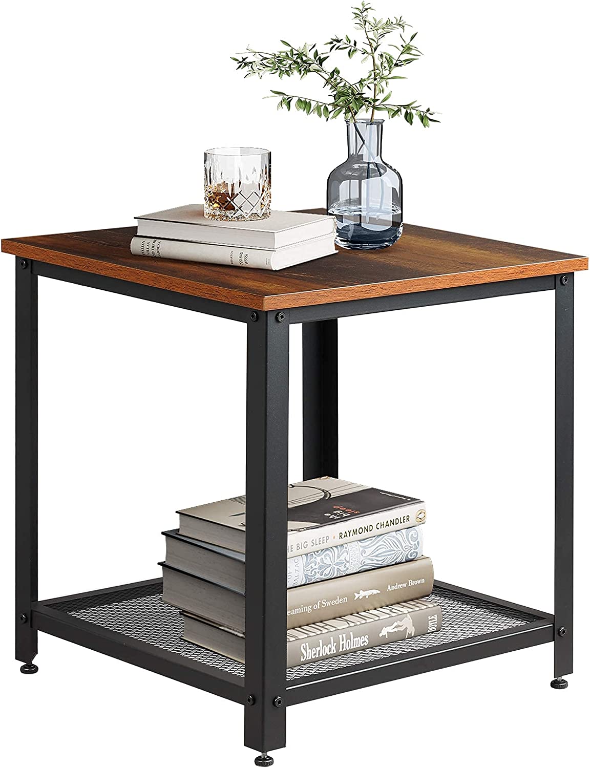 WLIVE Industrial Square End Table, 2Tier Side Table with Mesh Storage