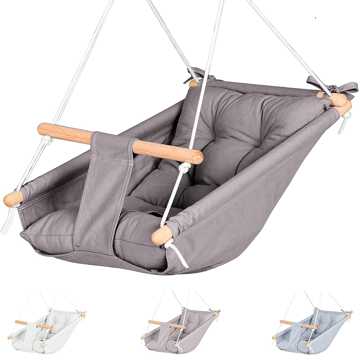Cateam Canvas Baby Swing Grey Wooden Hanging Swing Seat Chair for Baby with Safety Belt and mounting Hardware Baby Hammock Chair Birthday Gift. 