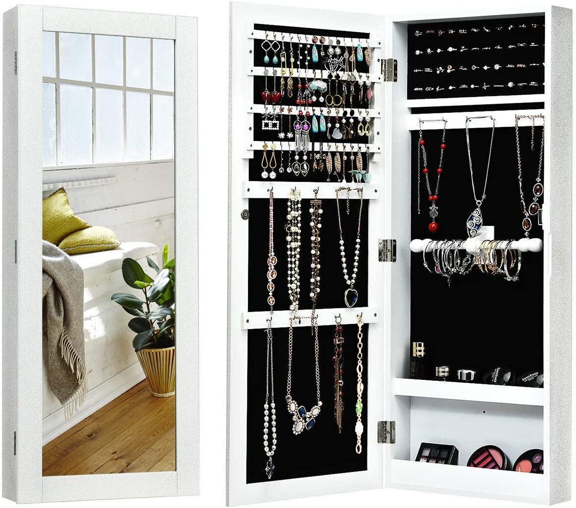 Lockable Jewelry Armoire Storage Organizer White Door Hanger Included WATERJOY Wall Door Mounted Mirrored Jewelry Cabinet 