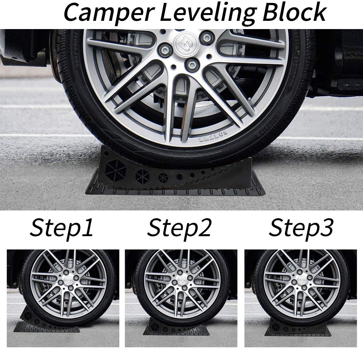 Homeon Wheels Camper Leveler Camper Leveling Blocks Work for RV Include 2 Curved Levelers,2 Chocks with Built-in Handle,2 Mats,1 Level and Bag,Easily Level up Travel Trailer Up to 35,000 LBS 