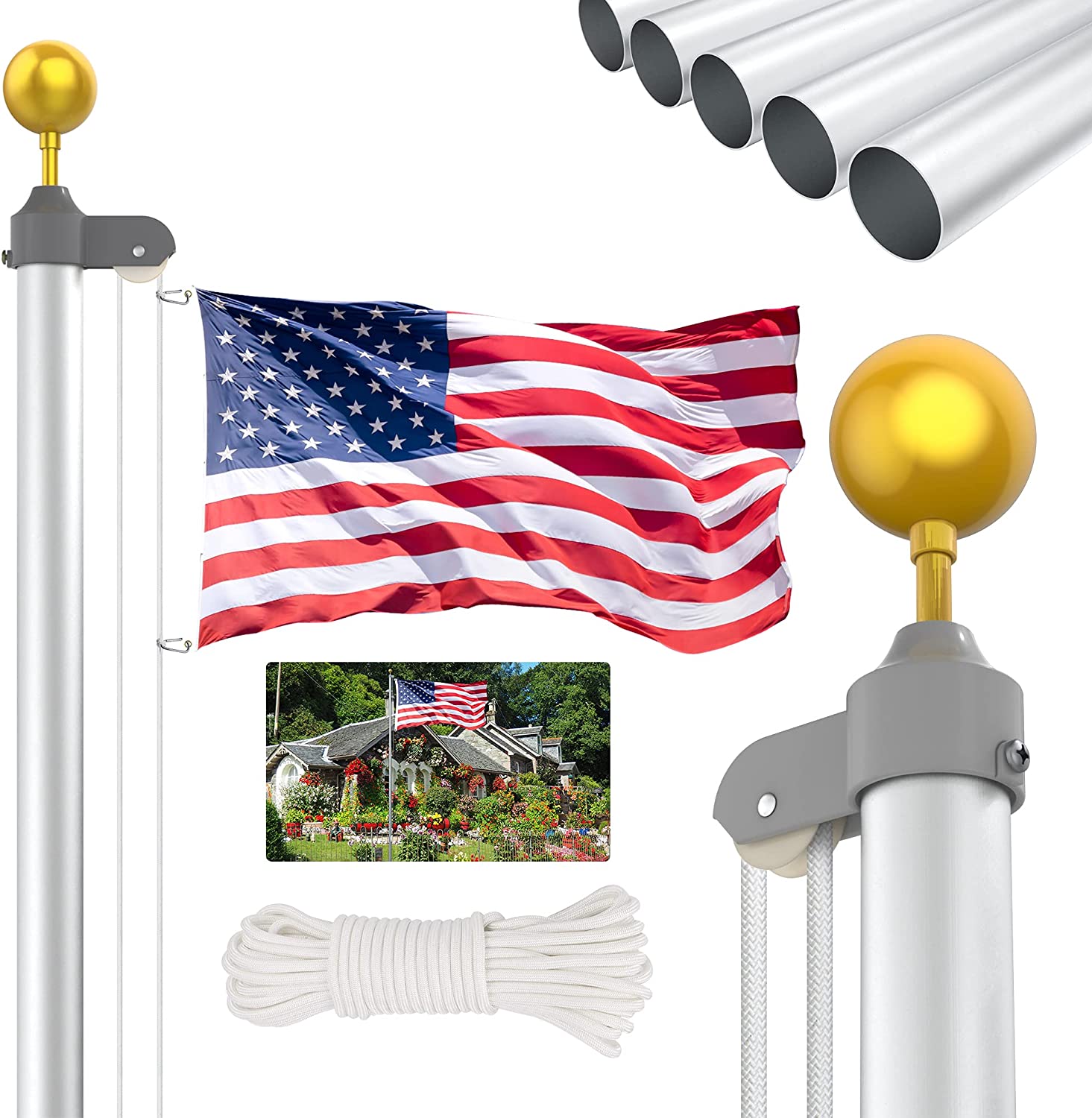 GUOHONG 20FT Flag Poles Kit,Extra Thick Heavy Duty 16 Gauge Aluminum Telescopic Flagpole Kit with 3'x5' US American Polyester Flag,Can Hang 2 Flags for Residential,Outdoor,Yard 20FT-Sectional 