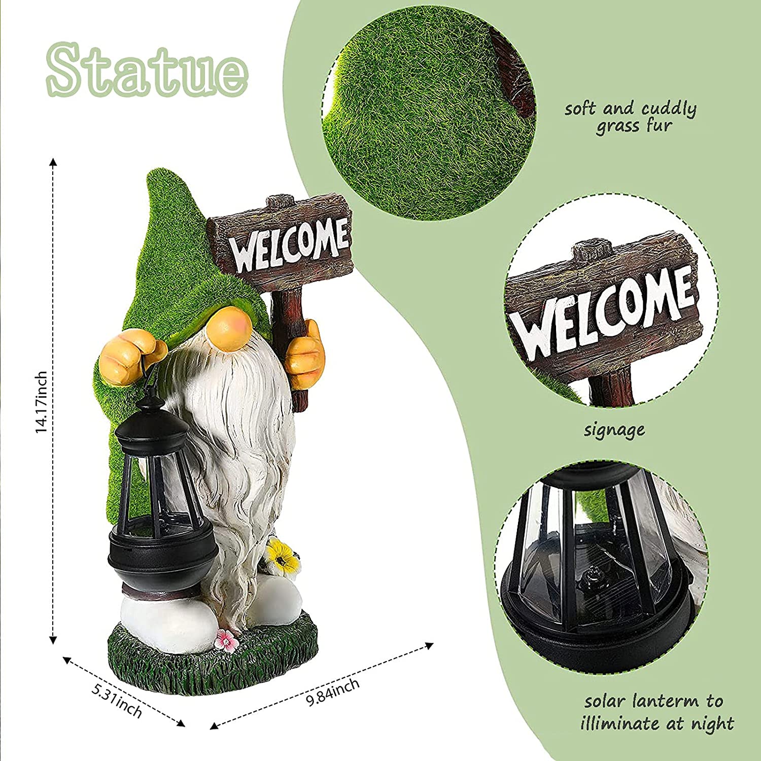 JBTG Garden Gnome Statue Flocked Resin Gnomes Figurines IP6814 inch