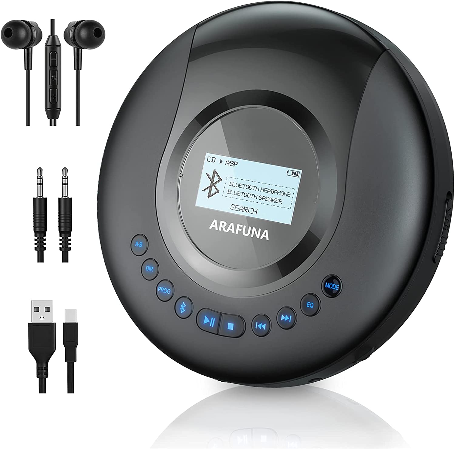 CD Player Portable, ARAFUNA Bluetooth Visibility CD Player for car, 2000mAh Rechargeable Small
