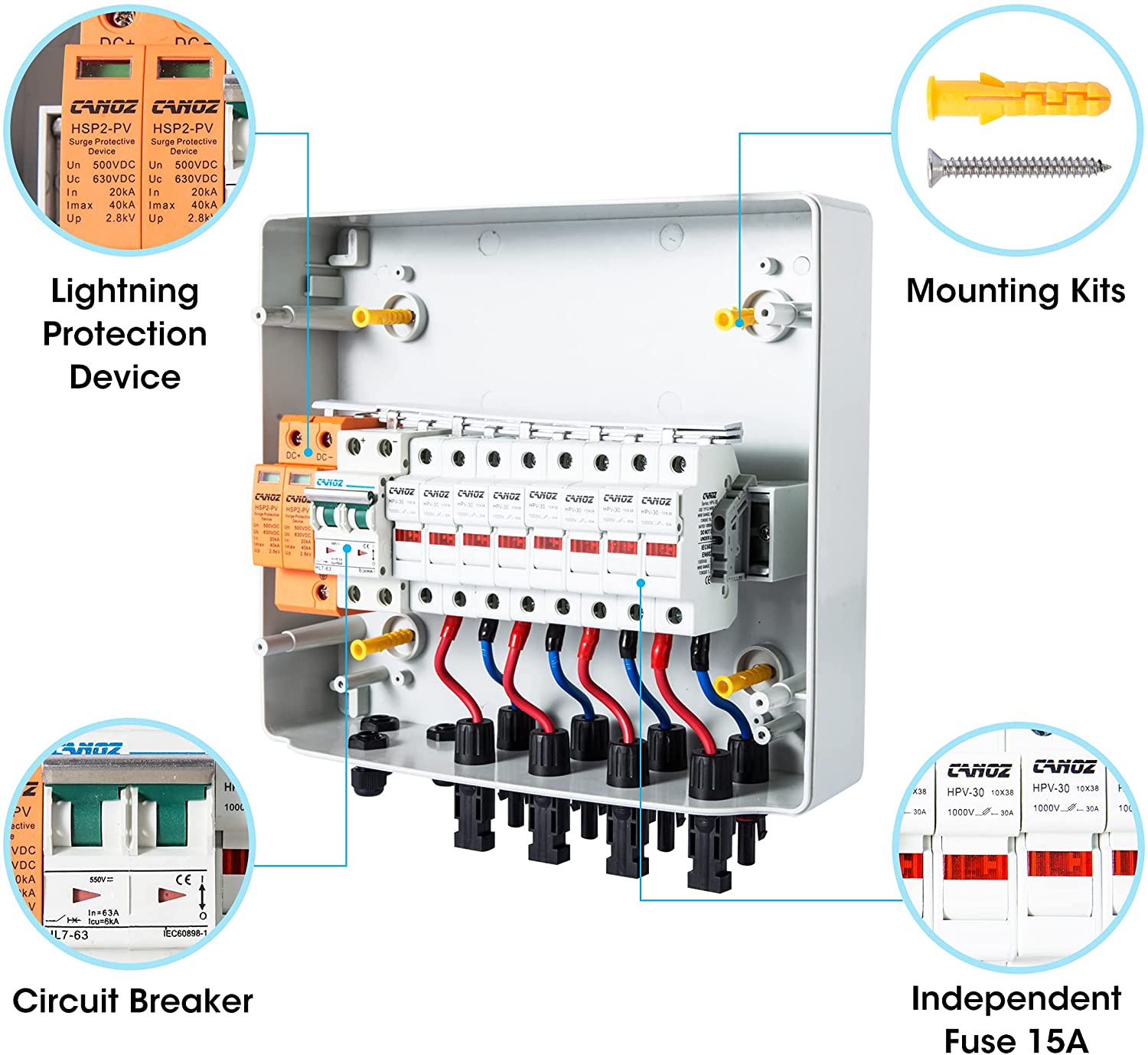 CANOZPV4/1 PV Combiner Box, 4 String, with 15A Rated Current Fuse, 63A