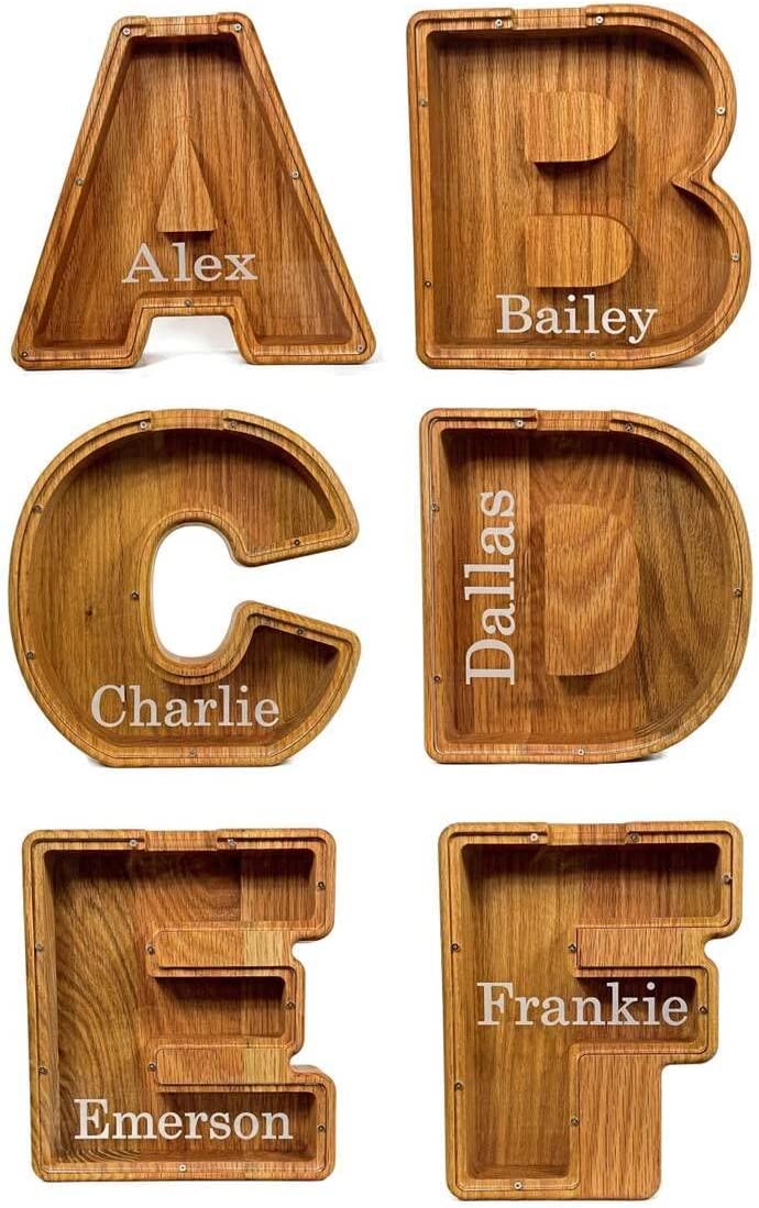 26 Alphabet Letters Piggy Bank Personalized Wooden Piggy Bank with Glass Custom Name Text Wooden Piggy Bank Children's Birthday Present Home Fashion Decoration Craft Ornaments Small Things 
