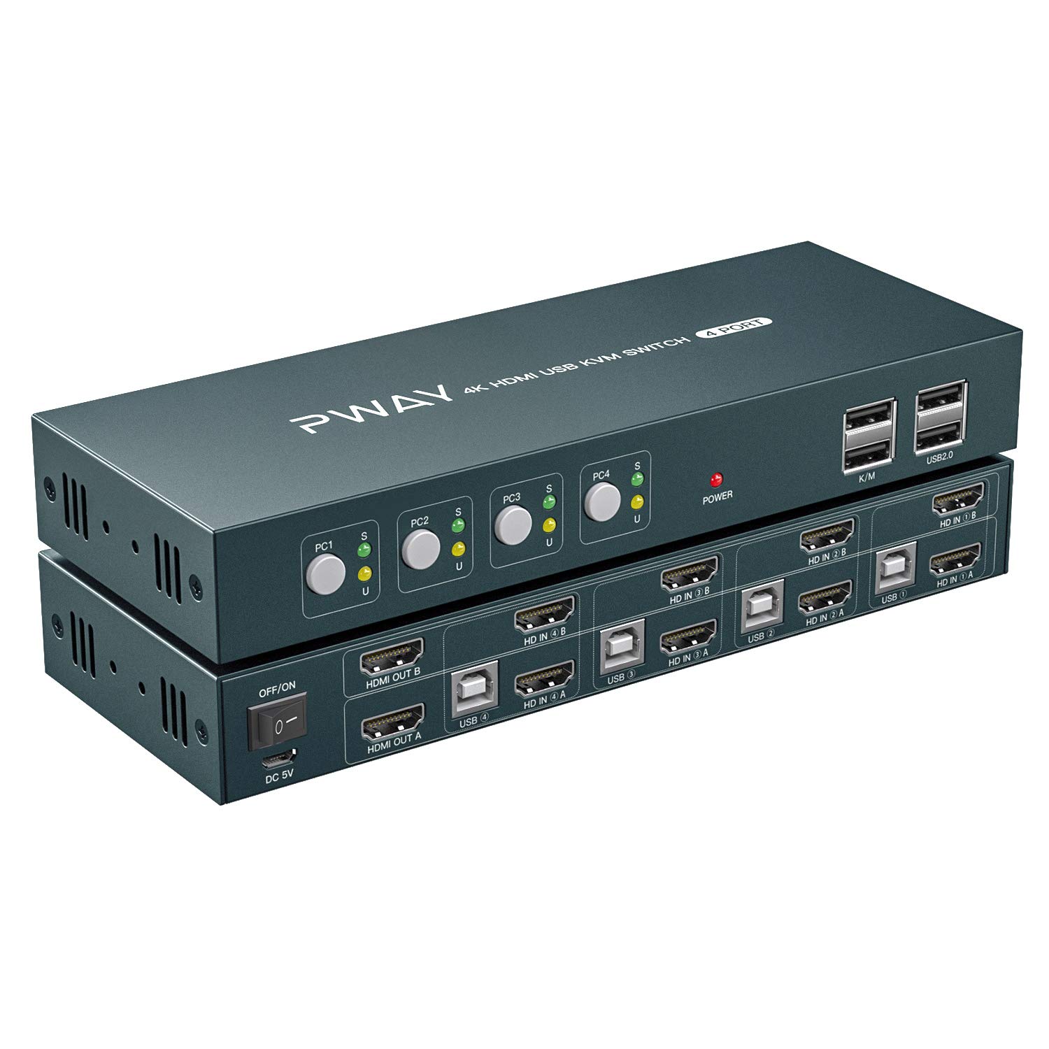 4 Port KVM Switch HDMI Dual Monitor Extended Display, 4K30Hz 2 USB 2.0