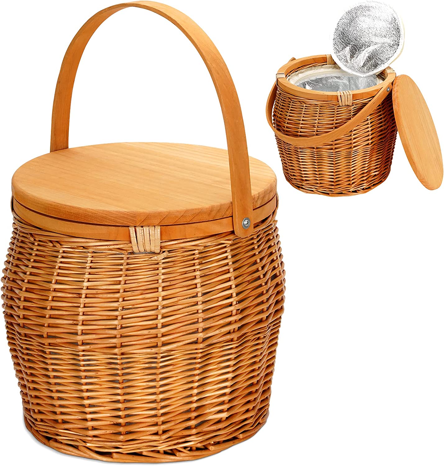 Camping Willow Picnic Cooler Basket with Removable Lid Perfect for Picnic Round Wooden Handles Wicker Basket Insulated Interior with Zip Close 
