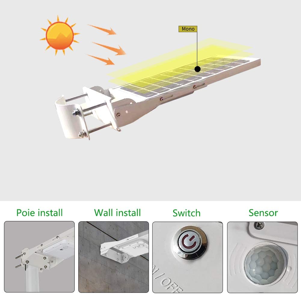 Gebosun LED Solar Street Light 120W, Metal Shell, IP65 Waterproof, White 6000K Solar Security 