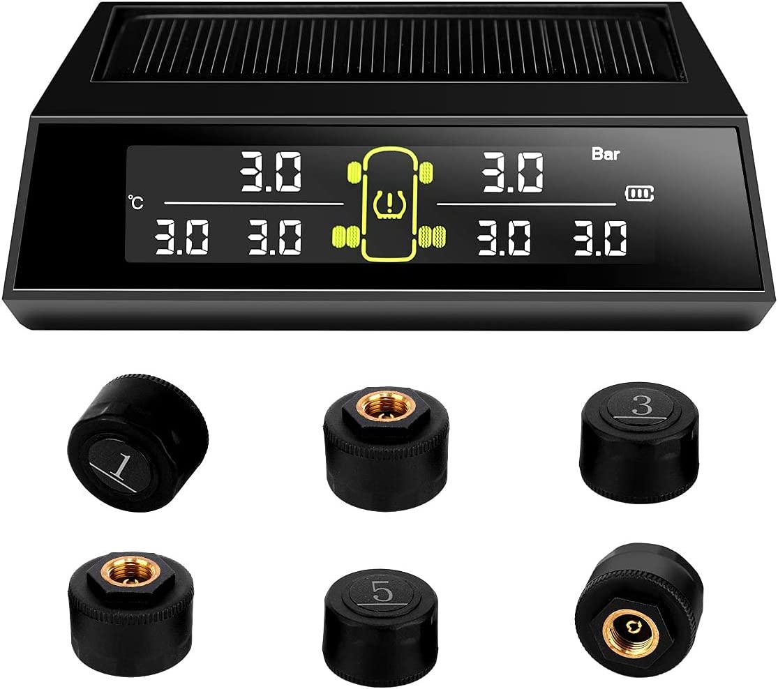Real-time Alarm Pressure and Temperature LCD Display Blueskysea Solar Power Wireless TPMS Tire Pressure Monitoring System 6 External Sensors for Car RV Tow Trailer Pickup Truck 