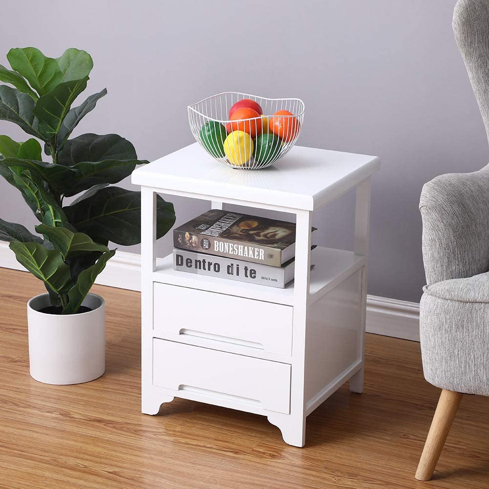 SQPFTW White End Table with 2 Drawers(Fully Assembled) Solid Wood