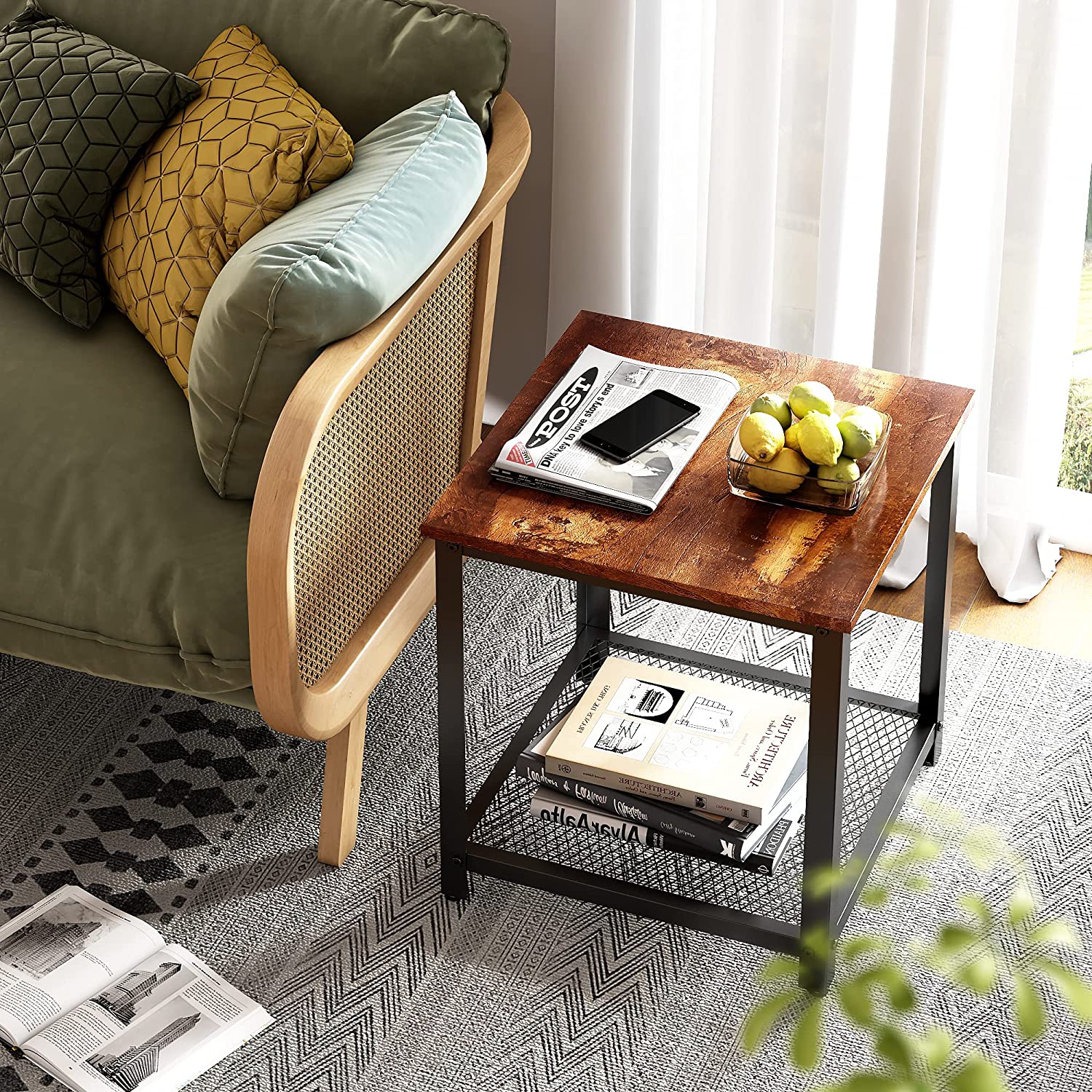 WLIVE Industrial Square End Table, 2Tier Side Table with Mesh Storage