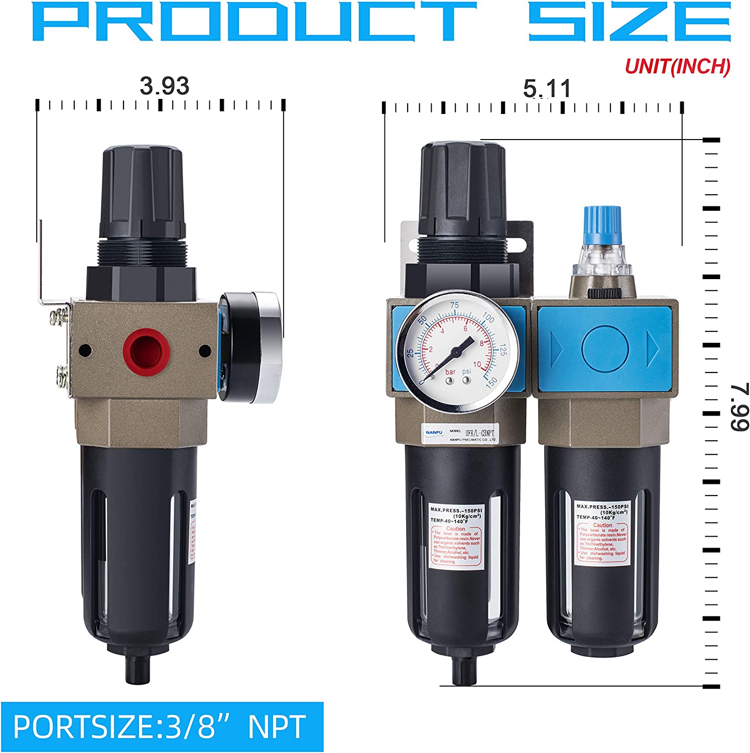 NANPU 1/2" NPT Compressed Air Filter Regulator Lubricator (FRL), 5