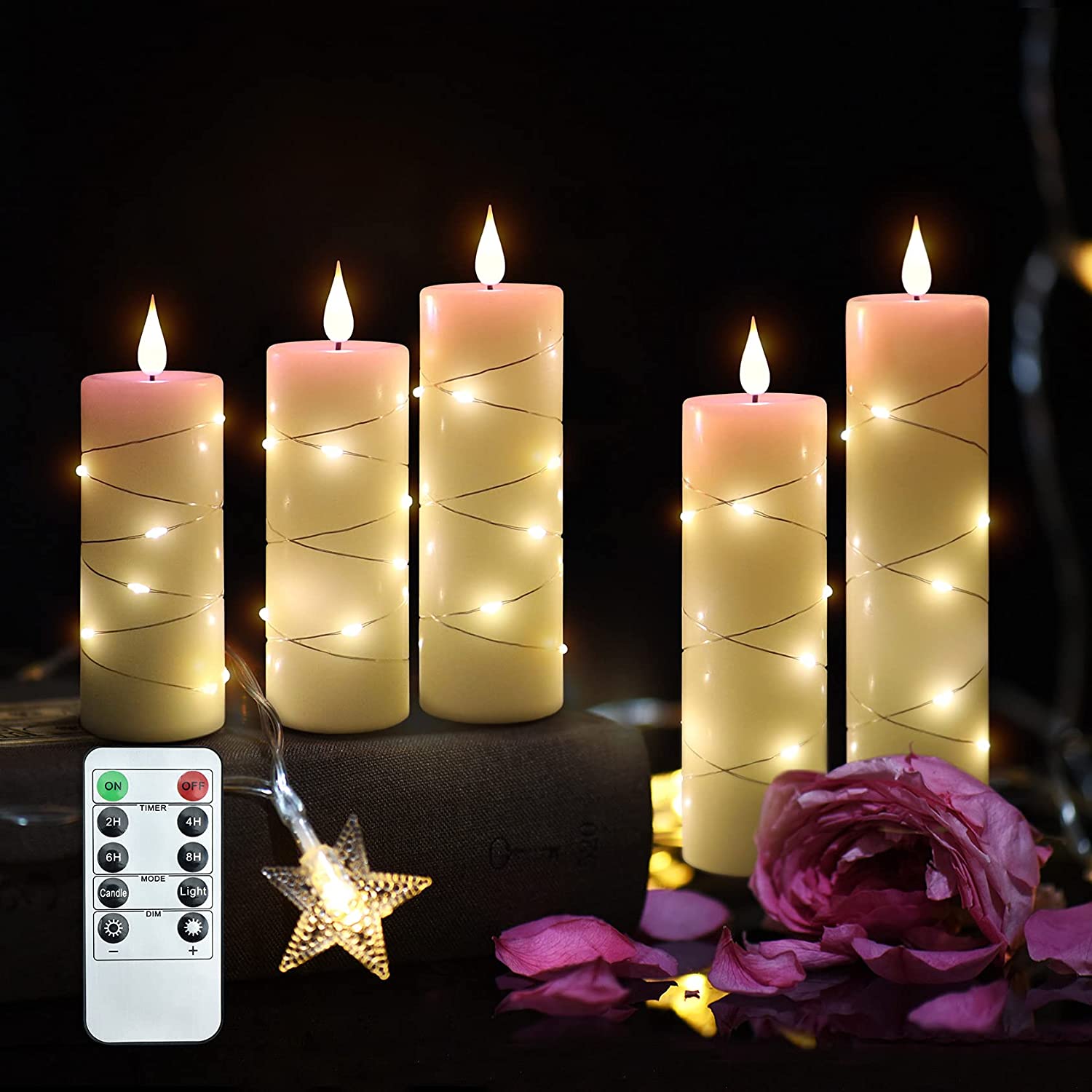 Flickering Flameless Candles With Embedded Starlight String D Teardrop Shaped Wick Piece Led