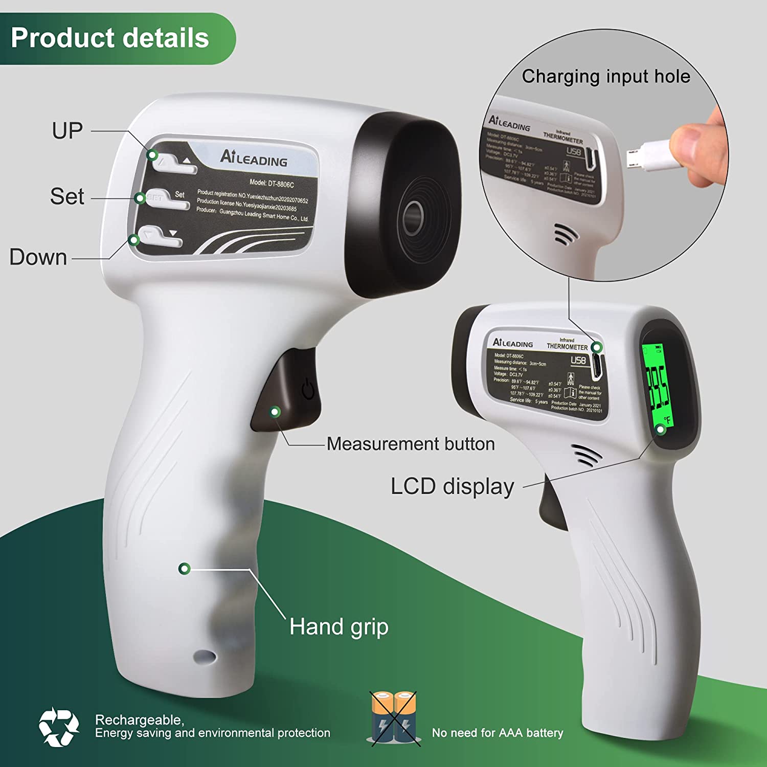 Rechargetable AILEADING Medical Grade Heavy Duty Touchless Infrared Forehead Thermomrter Gun,for Adults&Baby&Object 