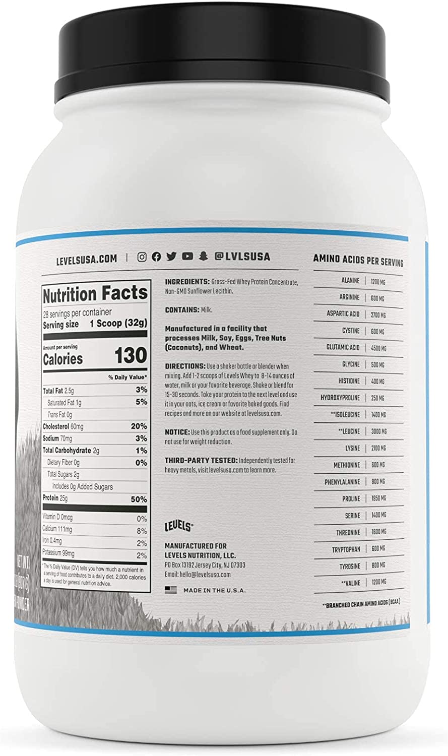 Levels Grass Fed 100 Whey Protein, No GMOs, Unflavored, 2LB The Tea