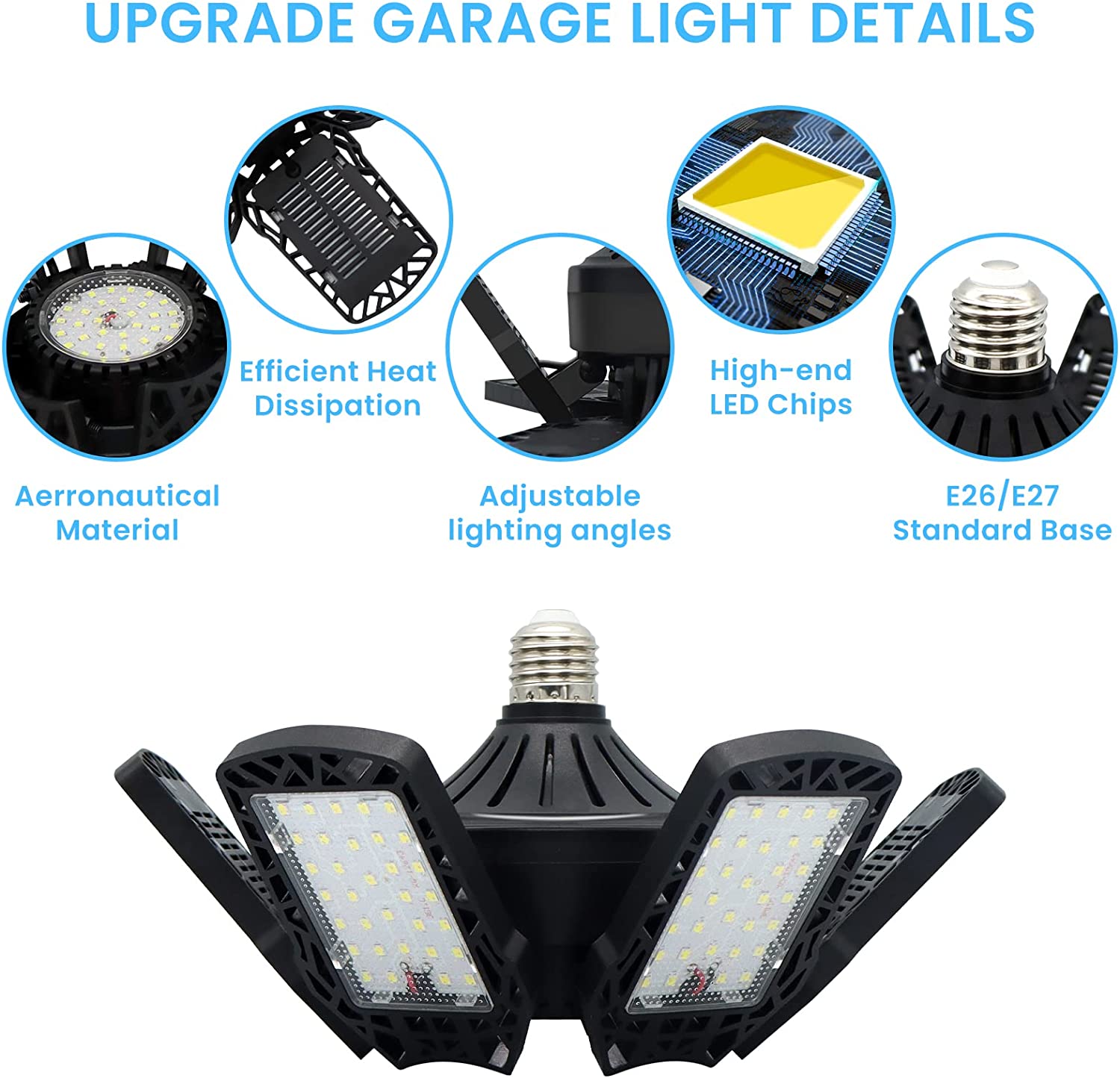 LED Garage Light 2 Pack E-POWIND 185W 18500LM 6500K Garage Light with 6+1  Panel Deformable Garage Lights Ceiling Led, LED Light for Garage Workshop  Bay Attic Basement - T-04