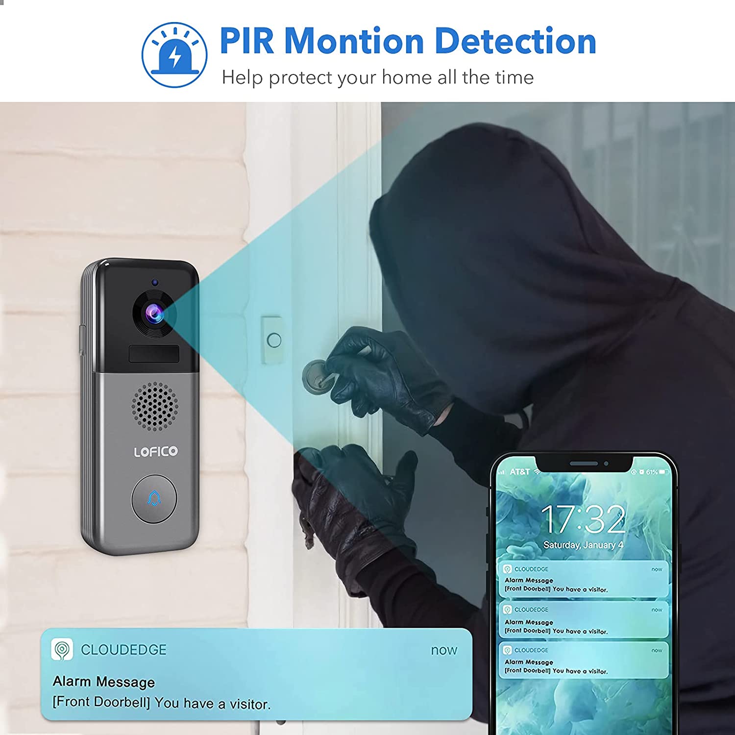 Video Doorbell Camera, LOFICO 2K WiFi Wireless Rechargeable Battery