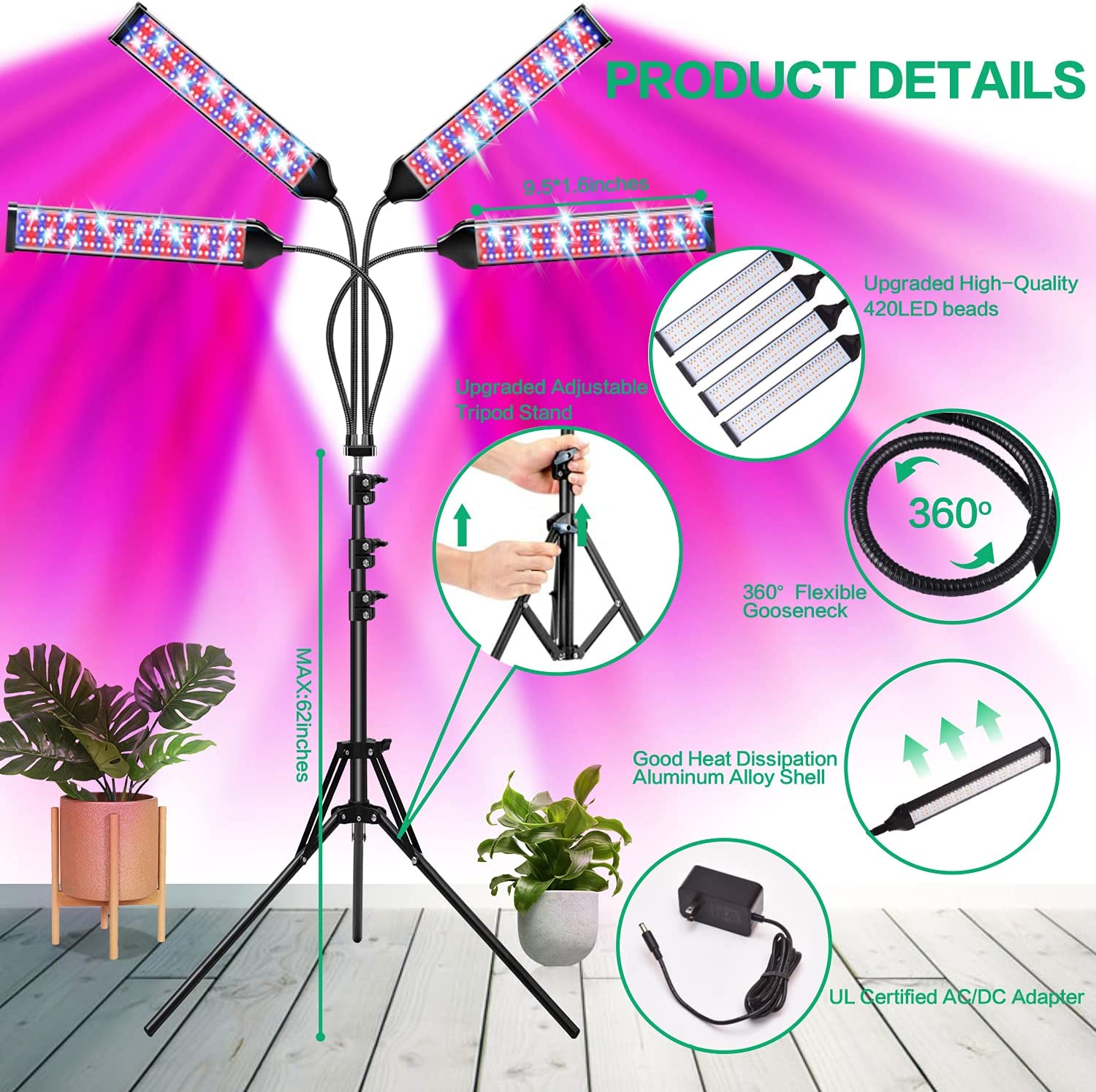 Auto On/Off & 9 Dimmable Levels for Seedling/Rooting/Blooming Grow Light for Indoor Plants Craftersmark LED Floor Plant Light Timer Full Spectrum Grow Light with Stand 
