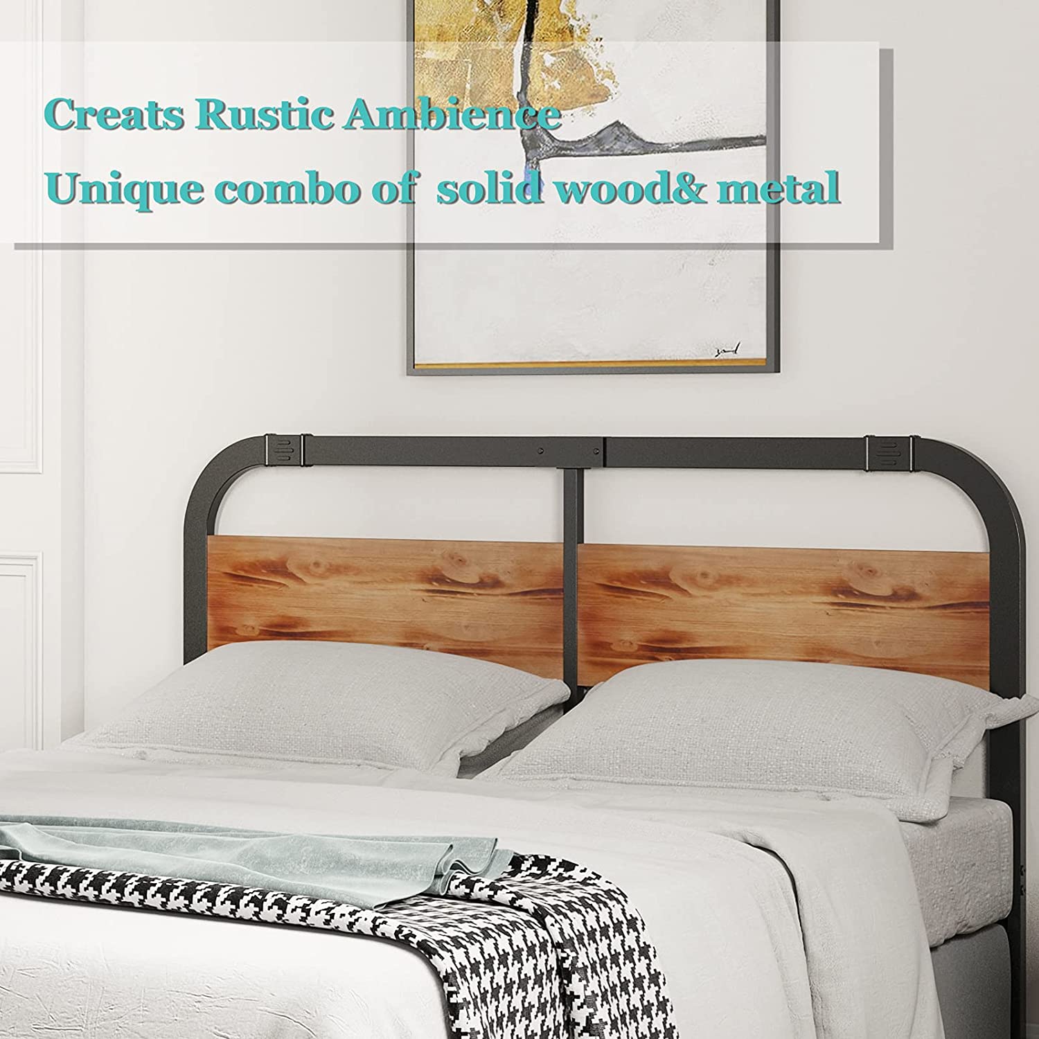 Queen Size Headboard, BOSRII Rustic Solid Wood and Metal Headboard
