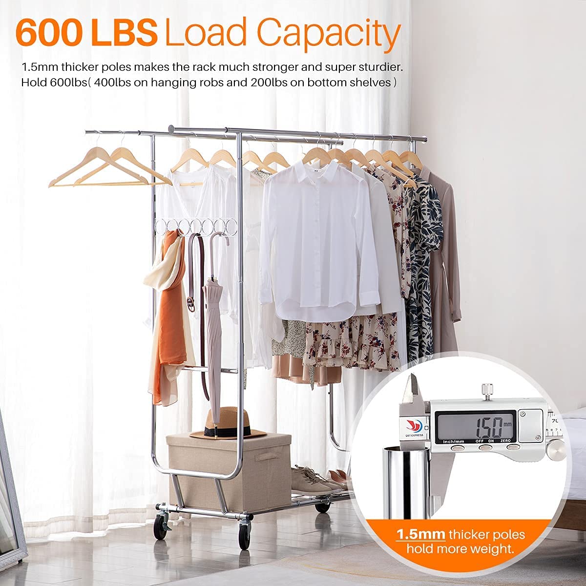 HOKEEPER Double Clothing Garment Rack with Shelves Capacity 600 lbs ...