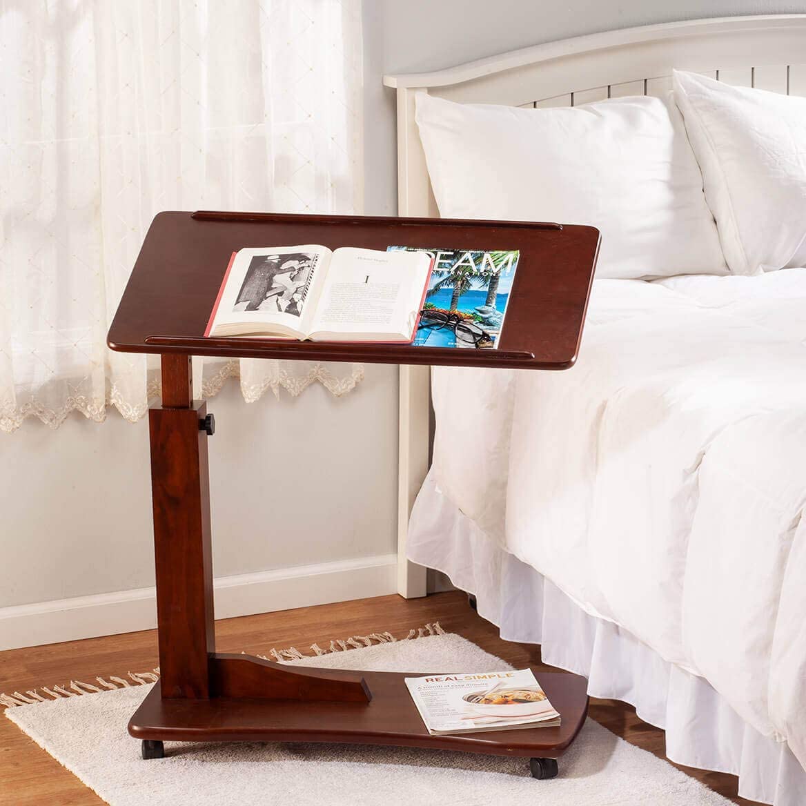 OakRidge Height Adjustable Bedside Tray Table with Wheels, Walnut The Tea Scape