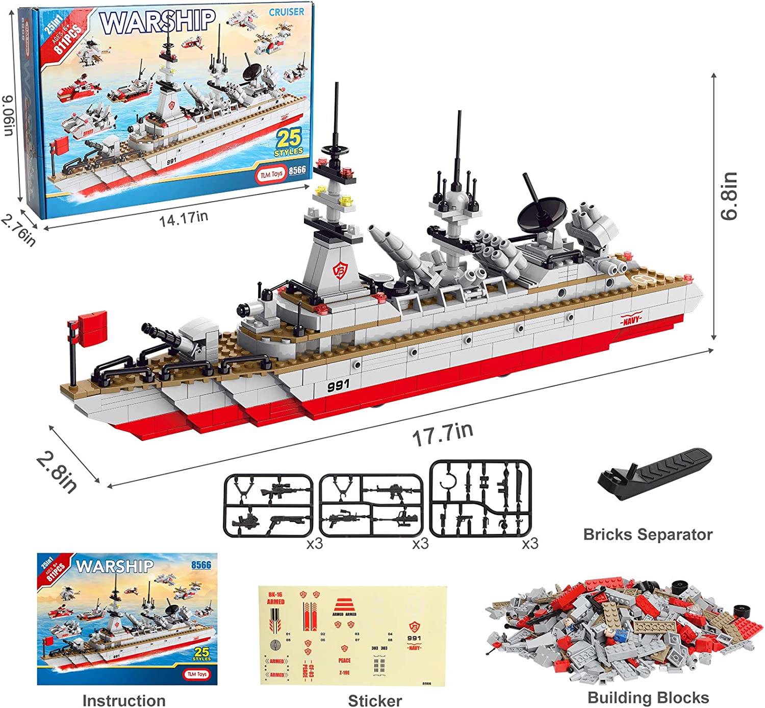 811pcs Construction 25 in 1 Cruiser Ocean Ship Building Toy for 6 Years Up Boys 25 Models Engineering Building Bricks Kit for Kids Ages 6 7 8 9 10 11 12 Years Old Sitodier STEM Building Set Toy 