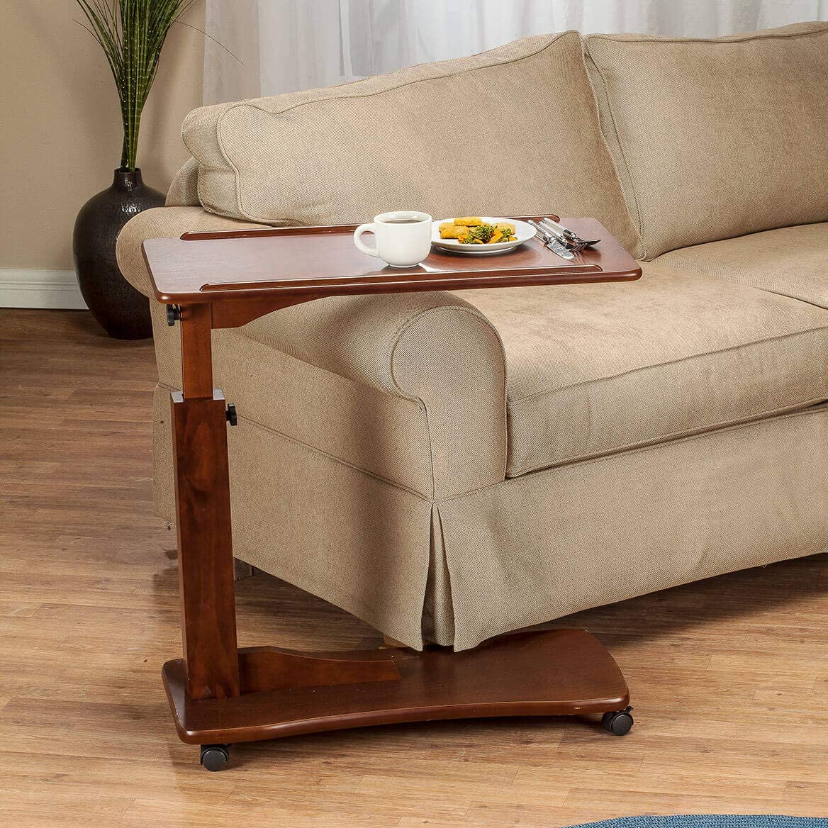 OakRidge Height Adjustable Bedside Tray Table with Wheels, Walnut The