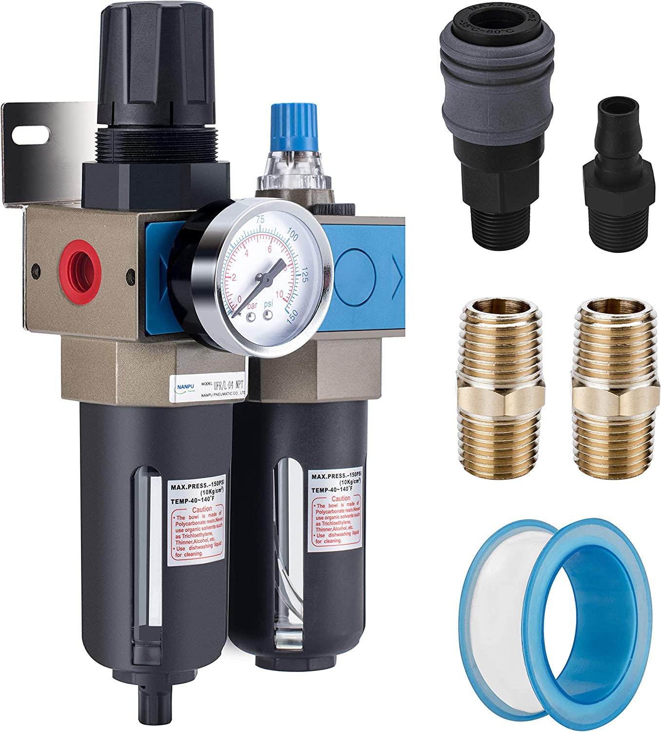 NANPU 1/2" NPT Compressed Air Filter Regulator Lubricator (FRL), 5