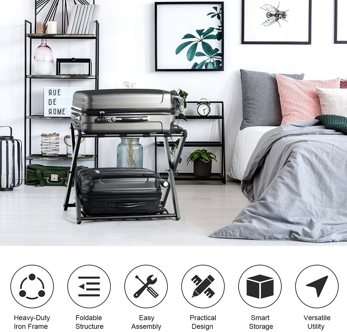 WELLFOR Set of 2 Luggage Rack with Shelf, Folding Metal Luggage Holder