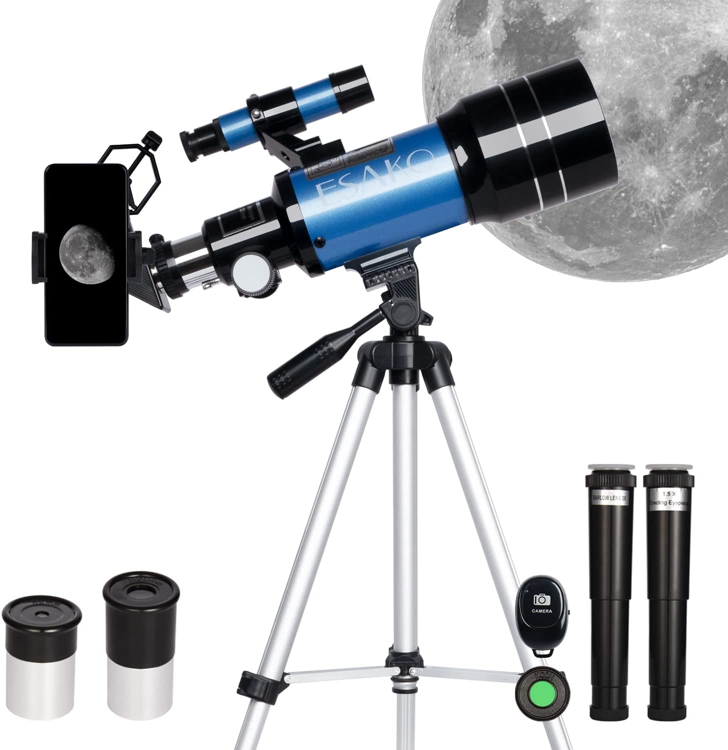 ESAKO Telescope for Kids & Beginners 70mm Portable Astronomical Telescopes with Phone Mount Moon Filter & 3X Barlow Lens 