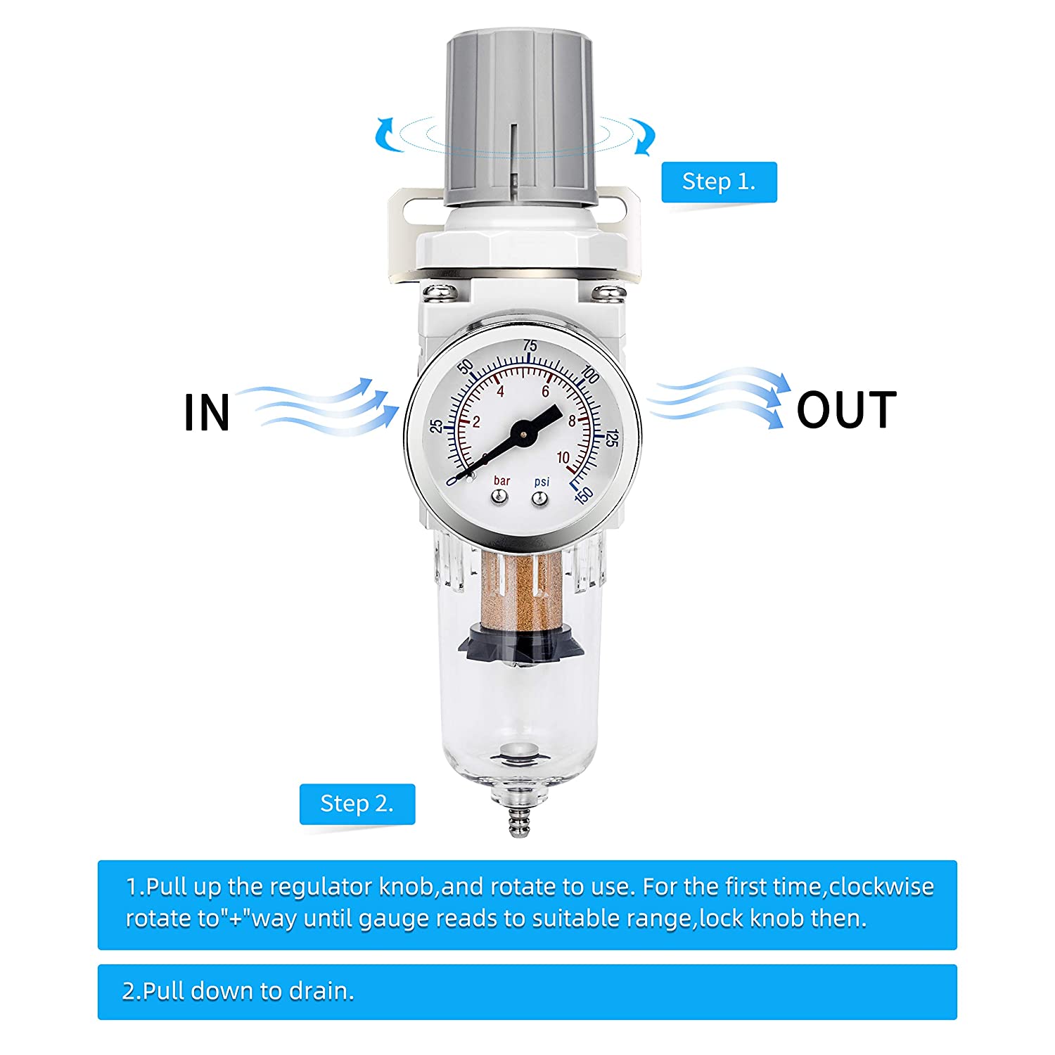 NANPU 1/2" NPT Compressed Air Filter Regulator Combo Piggyback, 5