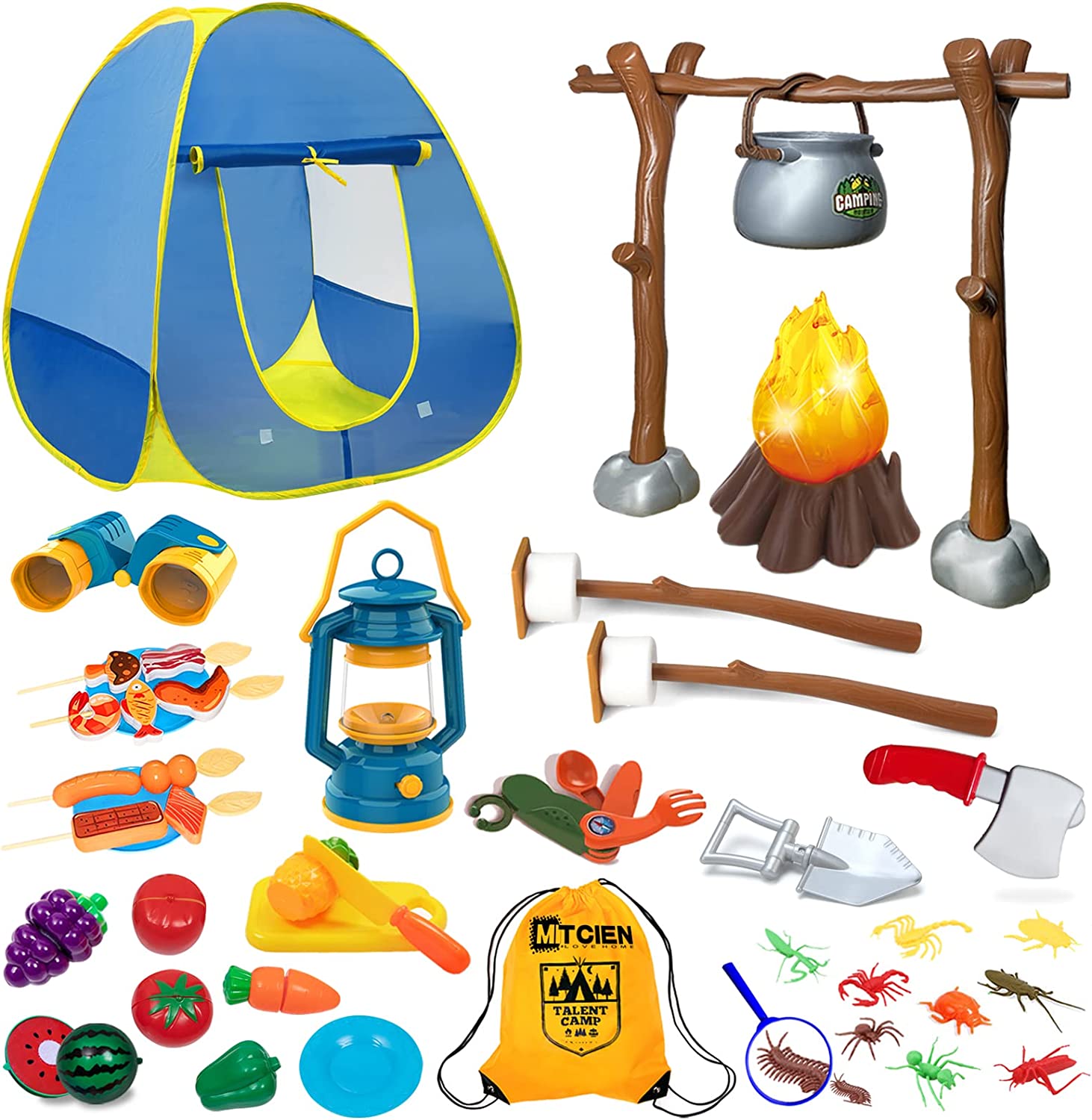 MITCIEN Kids Camping Play Tent with Toy Campfire Marshmallow /Fruits Toys Play Tent Set for Boys Girls Indoor Outdoor Pretend-Play Game 