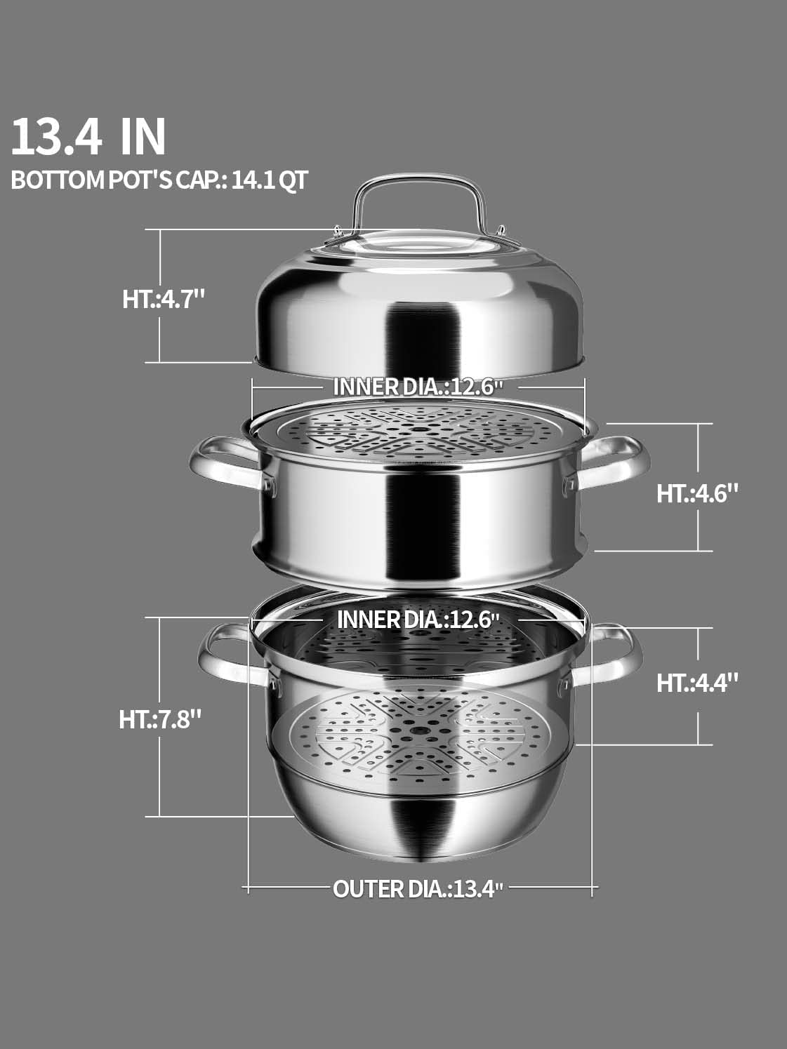 VENTION Thickbottomed Stainless Steel Steamer Pot, 3 Tier Food Steamer