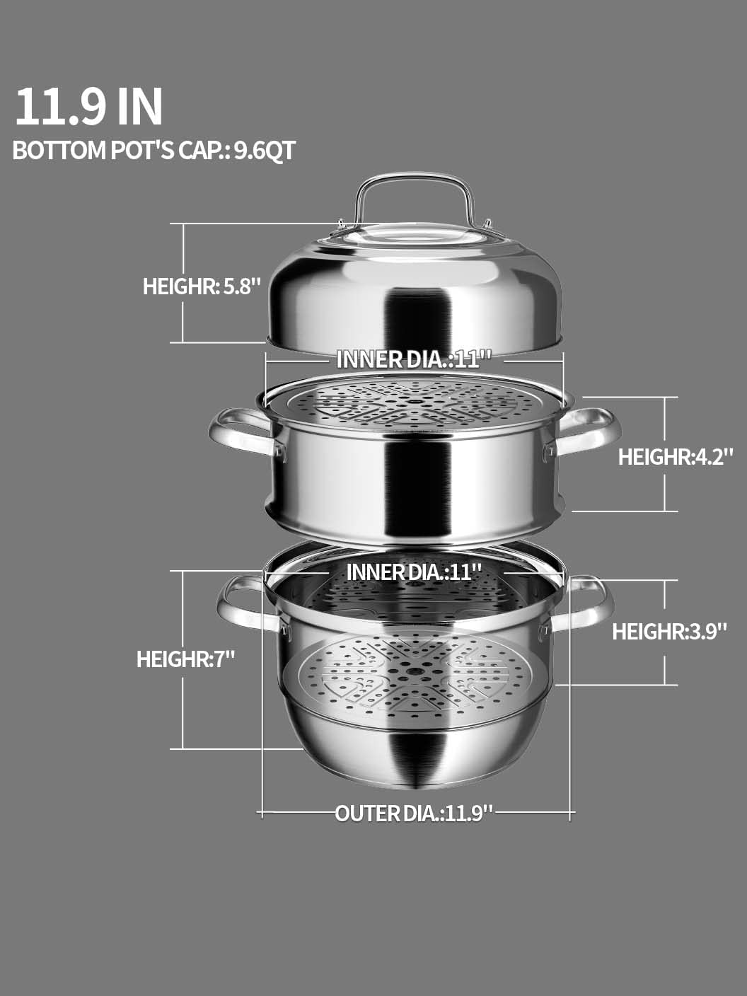 VENTION Thickbottomed Stainless Steel Steamer Pot, 3 Tier Food Steamer
