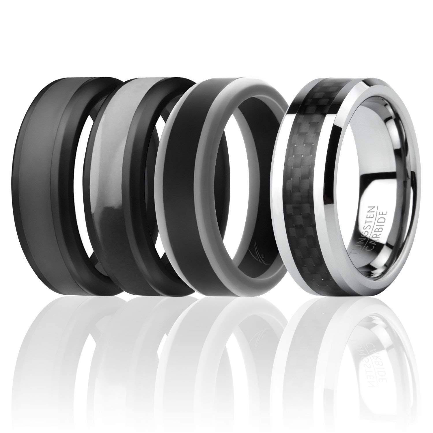 4 Pack - Roq Silicone Men Wedding Bands - Full Cycle Carbon 8