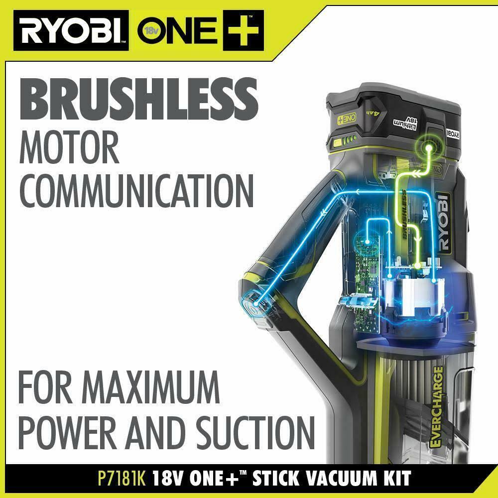 Ryobi 18Volt One+ Brushless Stick Vacuum Cleaner Kit w/ 4.0 Ah Lithium