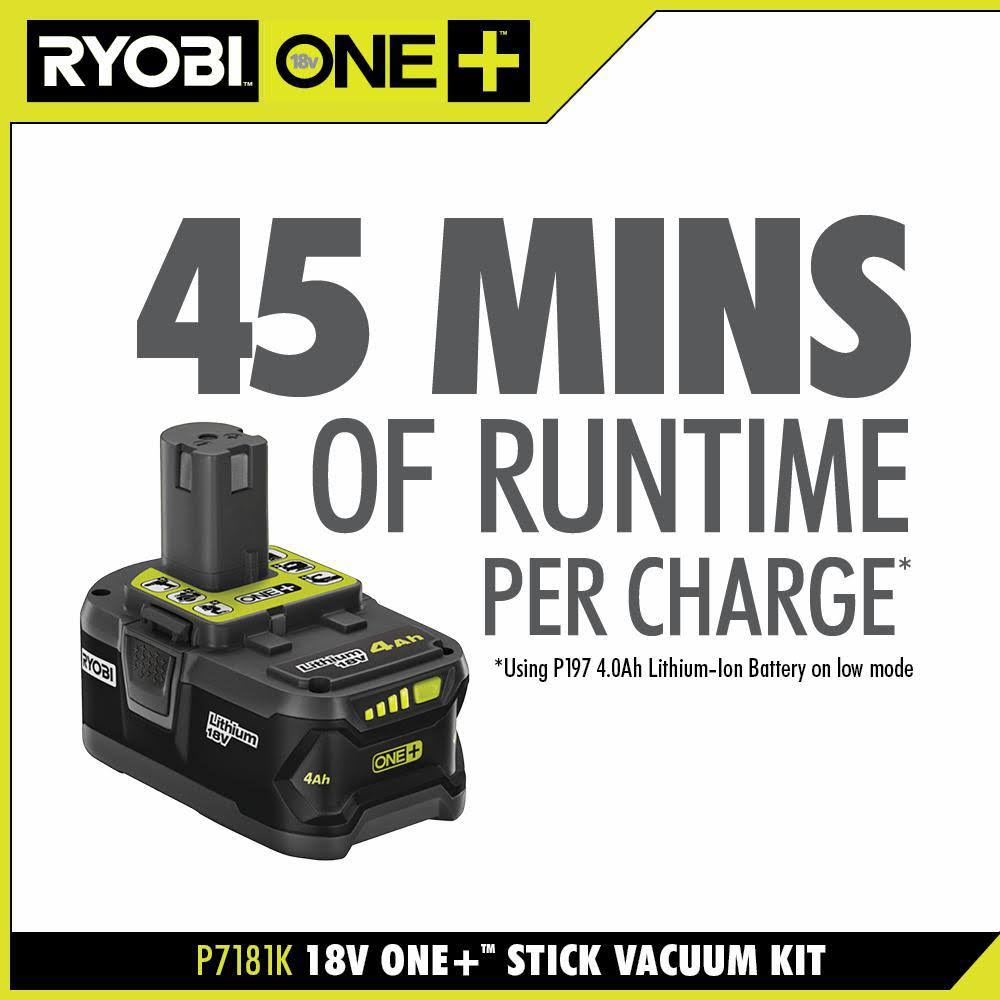Ryobi 18Volt One+ Brushless Stick Vacuum Cleaner Kit w/ 4.0 Ah Lithium